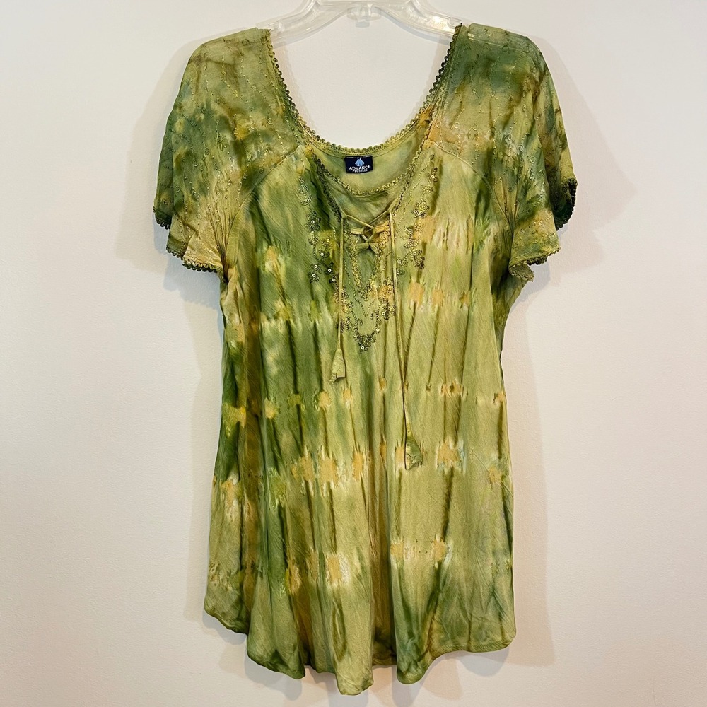 Tie Dye Embroidered Shirt Green Yellow Fairy Goblincore Whimsigoth Plus 1X 2X